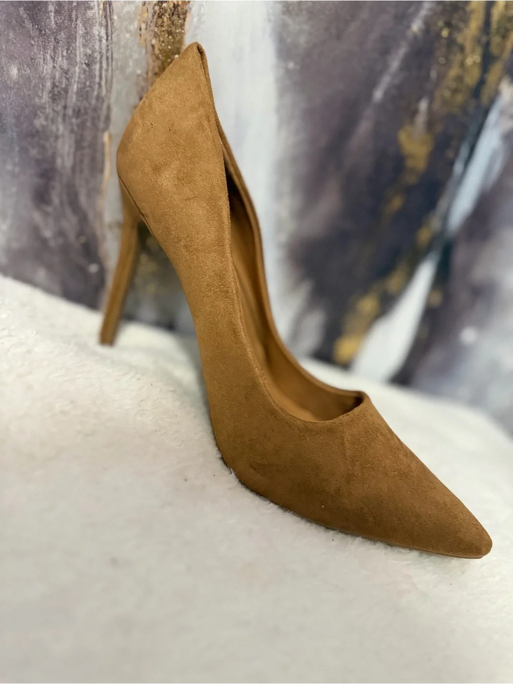 Suede Pointed-Toe Pumps in Camel